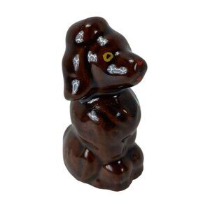 Brown Poodle Sitting Hand Painted Face Figurine 3" Redware Vintage